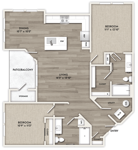 Floor plan for 2 beds, 2 baths, 1186 sqft